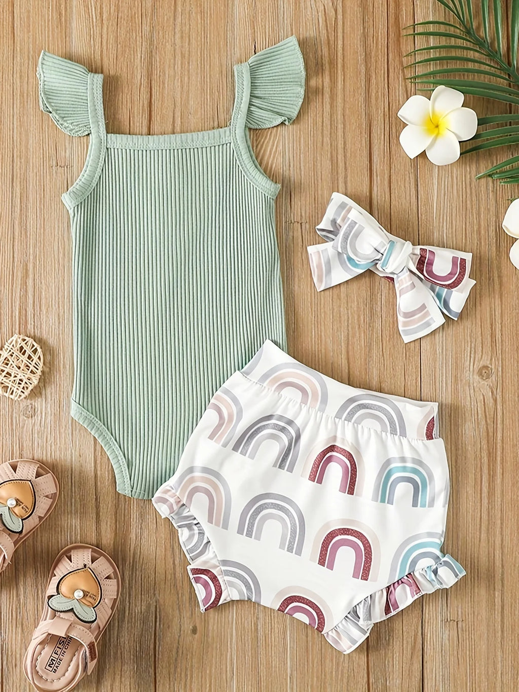 Conjunto Bebê Menina 3 Peças – Body Sem Manga e Shorts Estampado