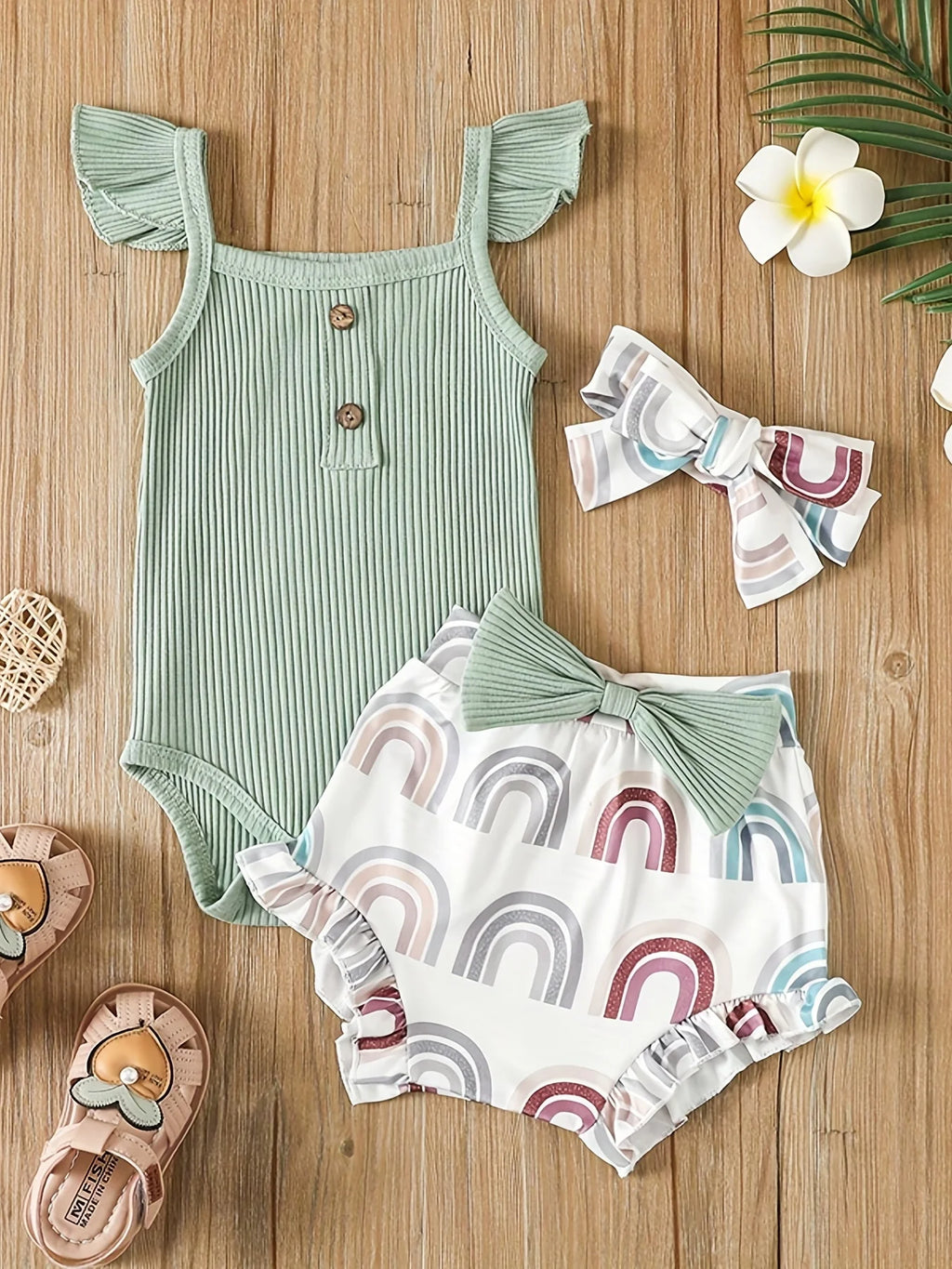 Conjunto Bebê Menina 3 Peças – Body Sem Manga e Shorts Estampado