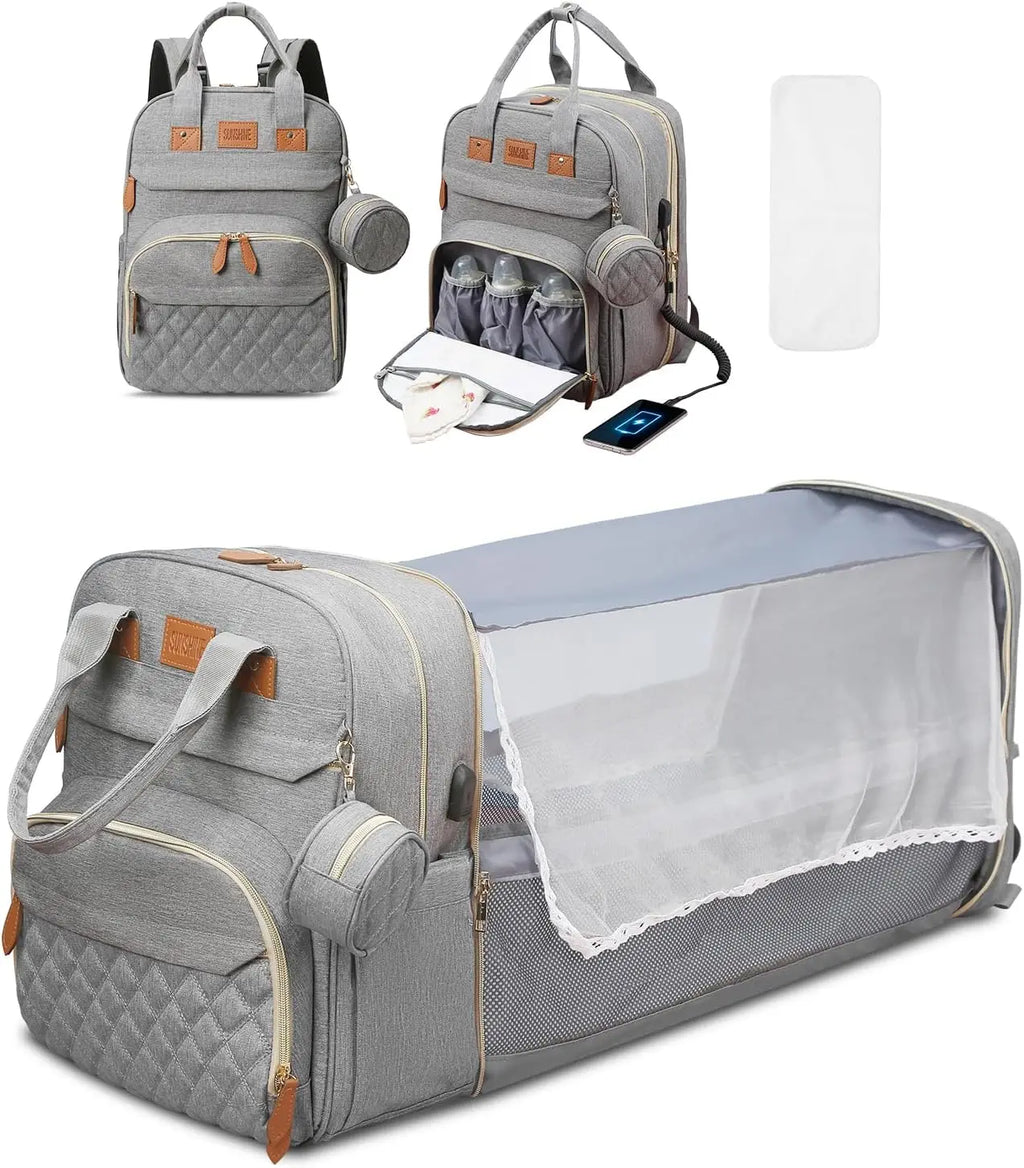 Mochila Maternidade 3 em 1 – Bolsa para Fraldas com Trocador Dobrável, Impermeável e Entrada USB