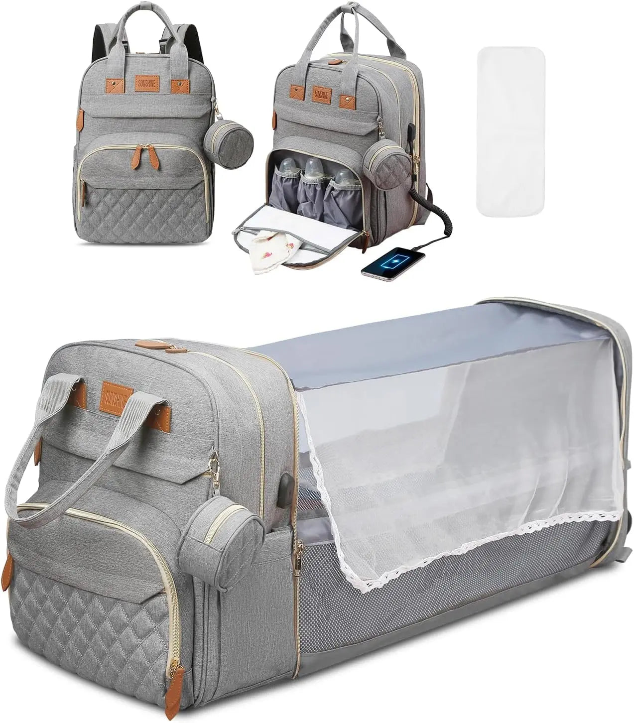 Mochila Maternidade 3 em 1 – Bolsa para Fraldas com Trocador Dobrável, Impermeável e Entrada USB