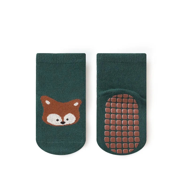 Kit 6 Pares de Meias Infantis Antiderrapantes com Estampa de Raposa e Urso – Confortáveis e Ideais para Crianças