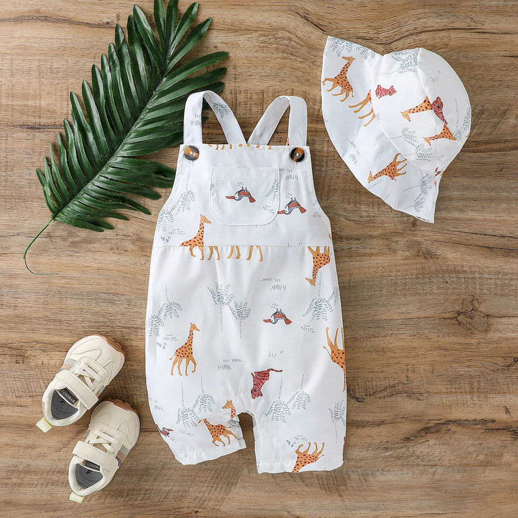 Conjunto Bebê Menino 2 Peças – Macacão de Verão Estampado + Chapéu, Confortável e Casual | 1–3 Anos