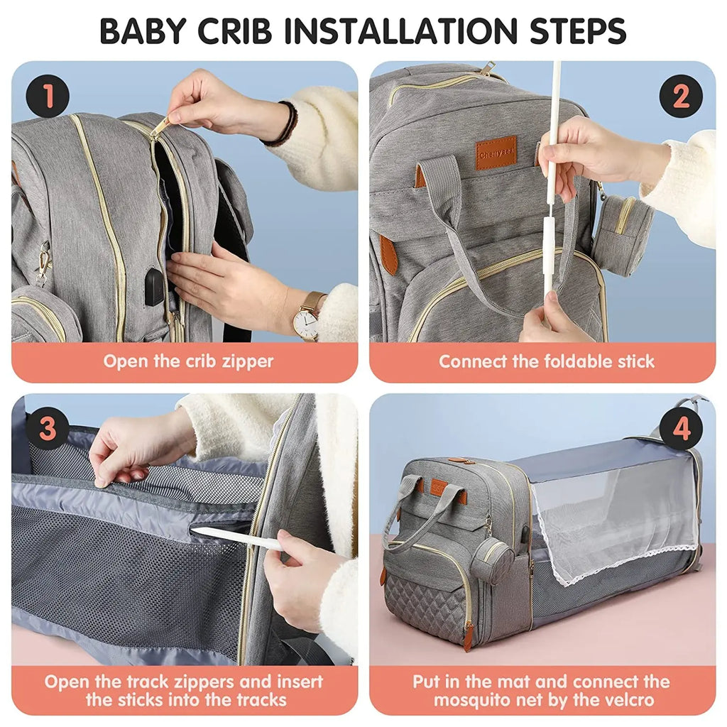 Mochila Maternidade 3 em 1 – Bolsa para Fraldas com Trocador Dobrável, Impermeável e Entrada USB