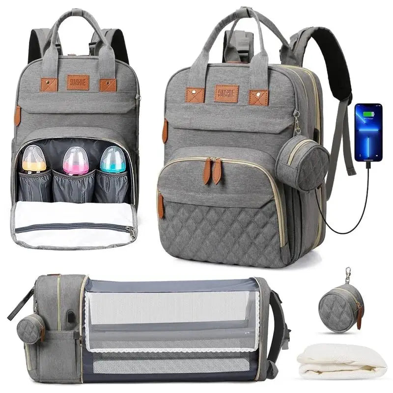 Mochila Maternidade 3 em 1 – Bolsa para Fraldas com Trocador Dobrável, Impermeável e Entrada USB