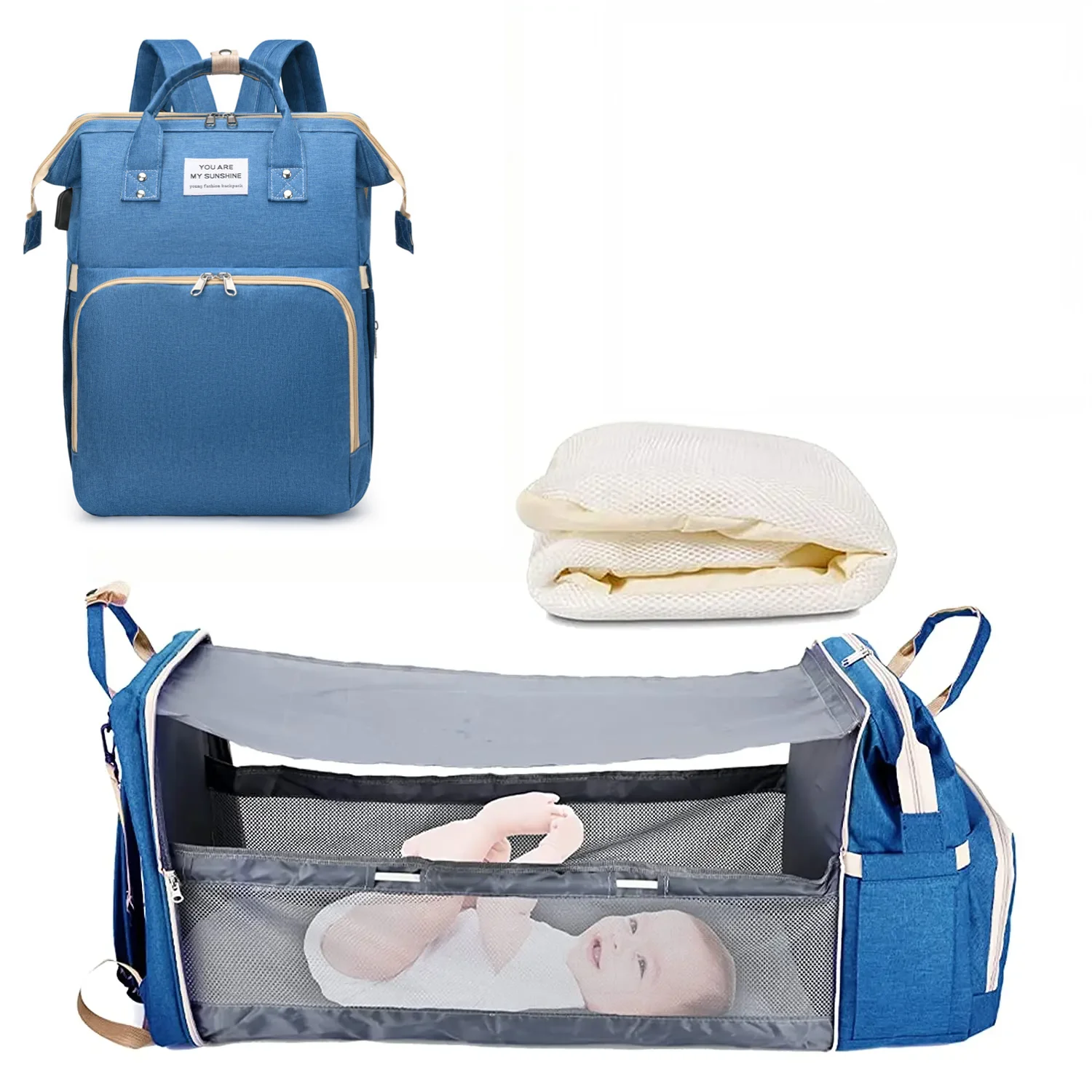 Mochila Maternidade 3 em 1 – Bolsa para Fraldas com Trocador Dobrável, Impermeável e Entrada USB